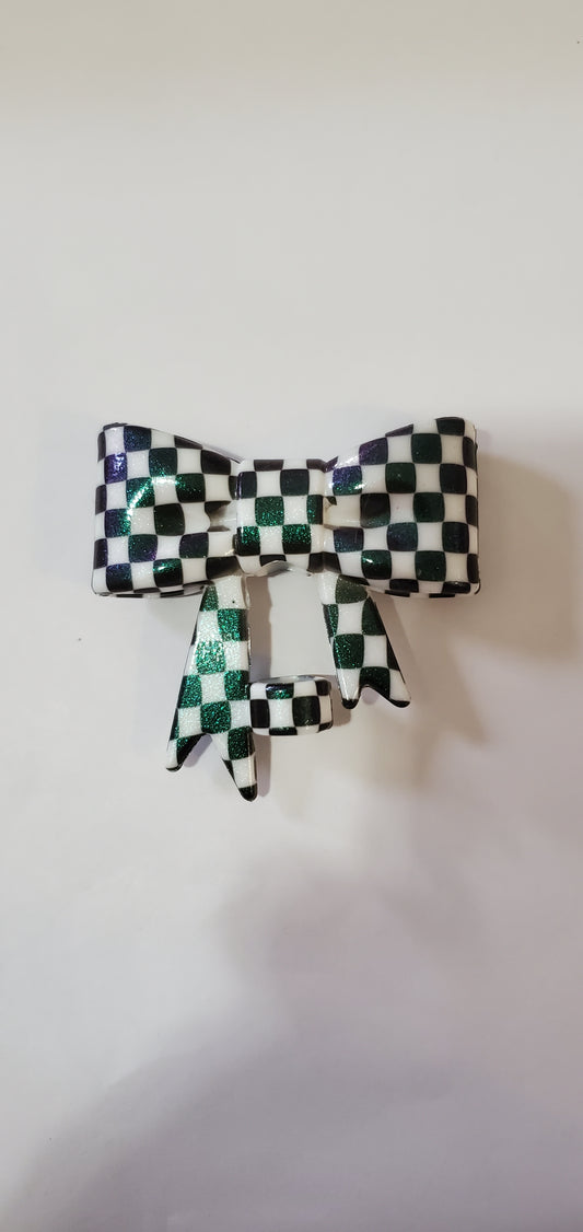 White Checkered Bow Straw Topper