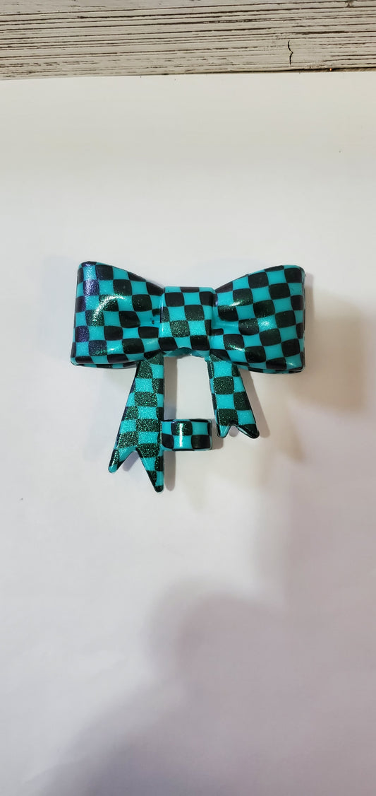Teal Checkered Bow Straw Topper