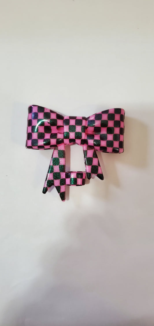 Pink Checkered Bow Straw Topper