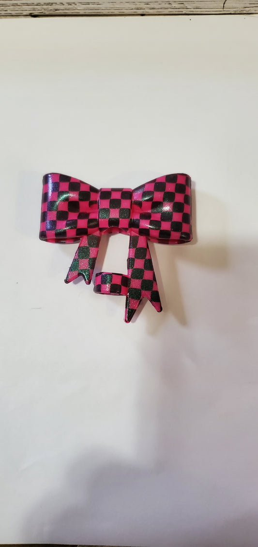 Magenta Checkered Bow Straw Topper